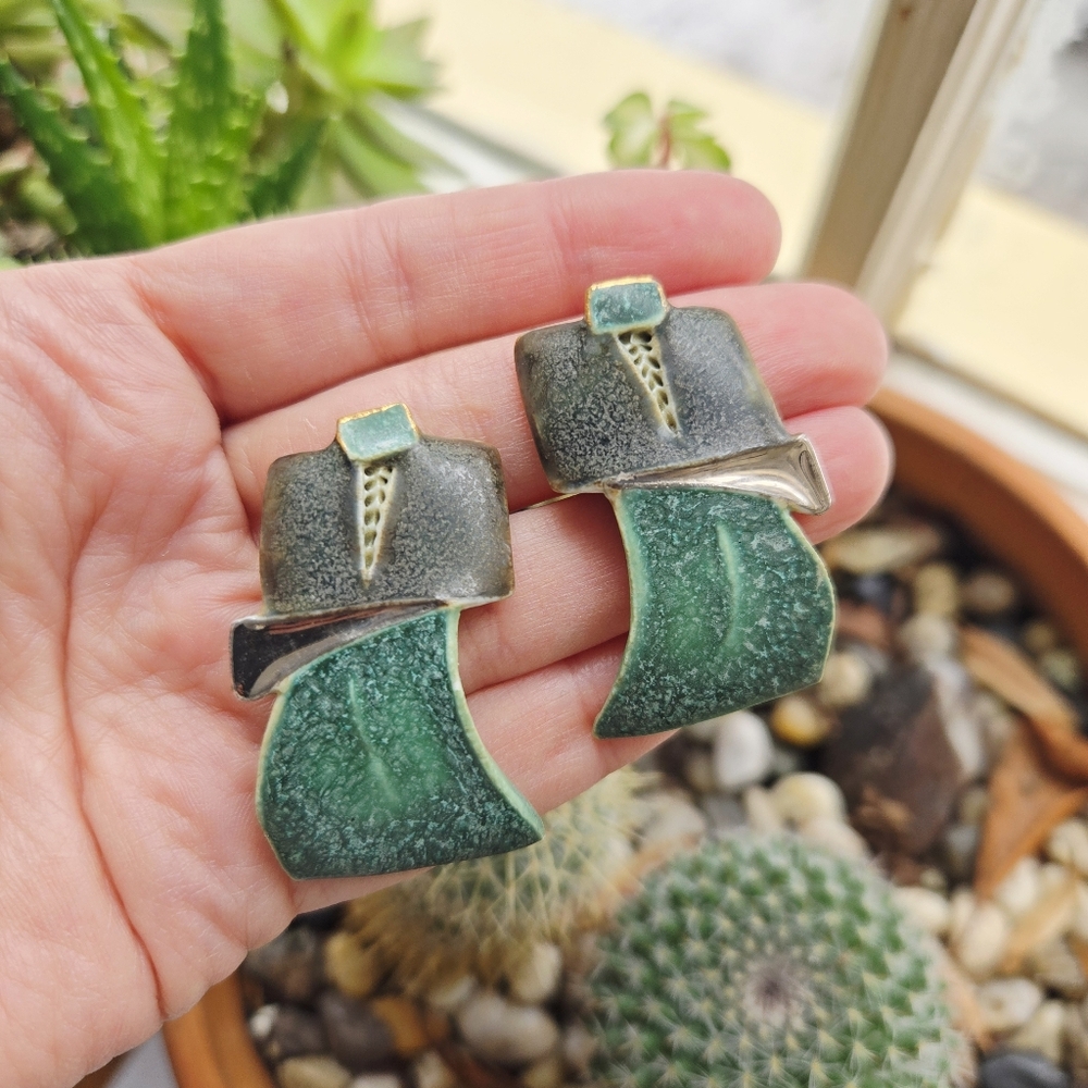 Vintage Handmade Ceramic Geometric Oversized Chunky Green Earrings